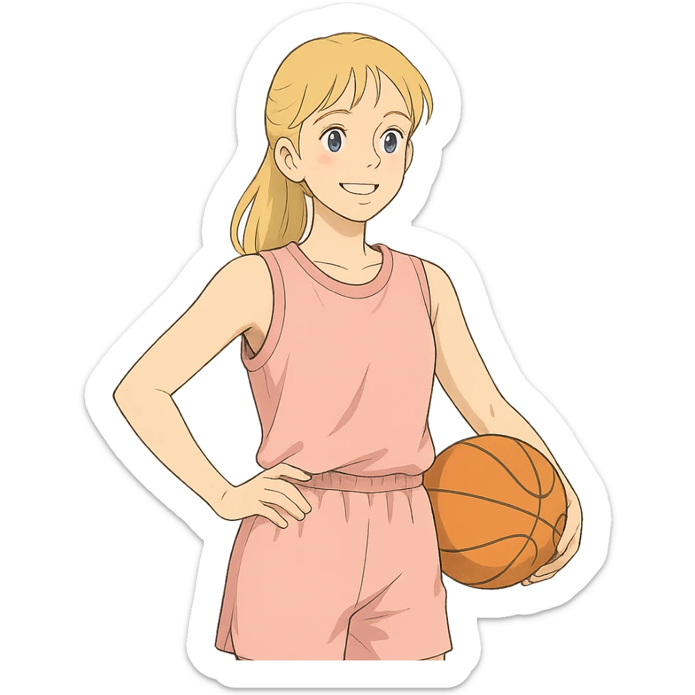 blonde white female basketball player wearing pastel pink basketball uniform holding orange basketball on hip smiling ghibli inspired style no text sticker