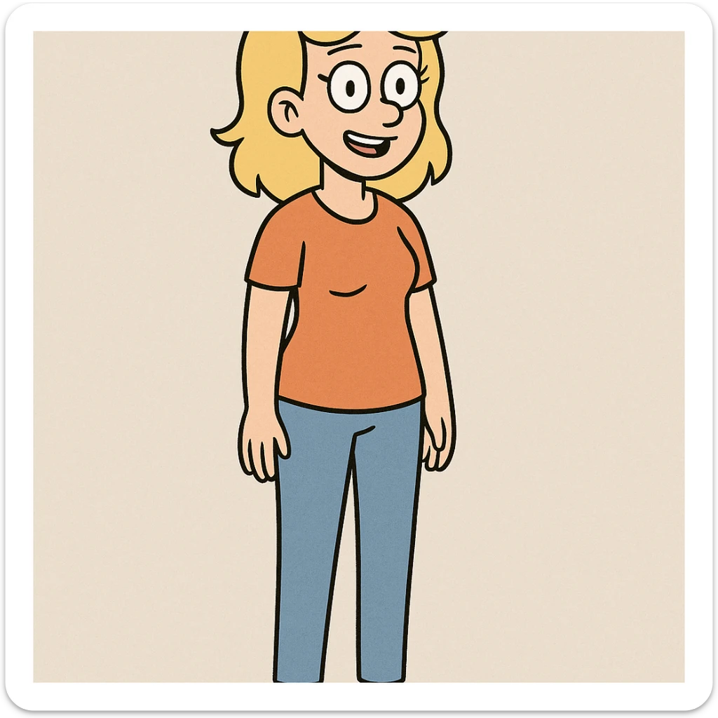 woman with blond hair standing, full body, orange shirt, cartoon style sticker