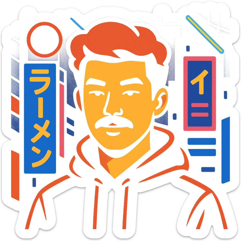 Asian man with black mustache, red hair, black hoodie, neon lights, Japanese cyberpunk anime style sticker