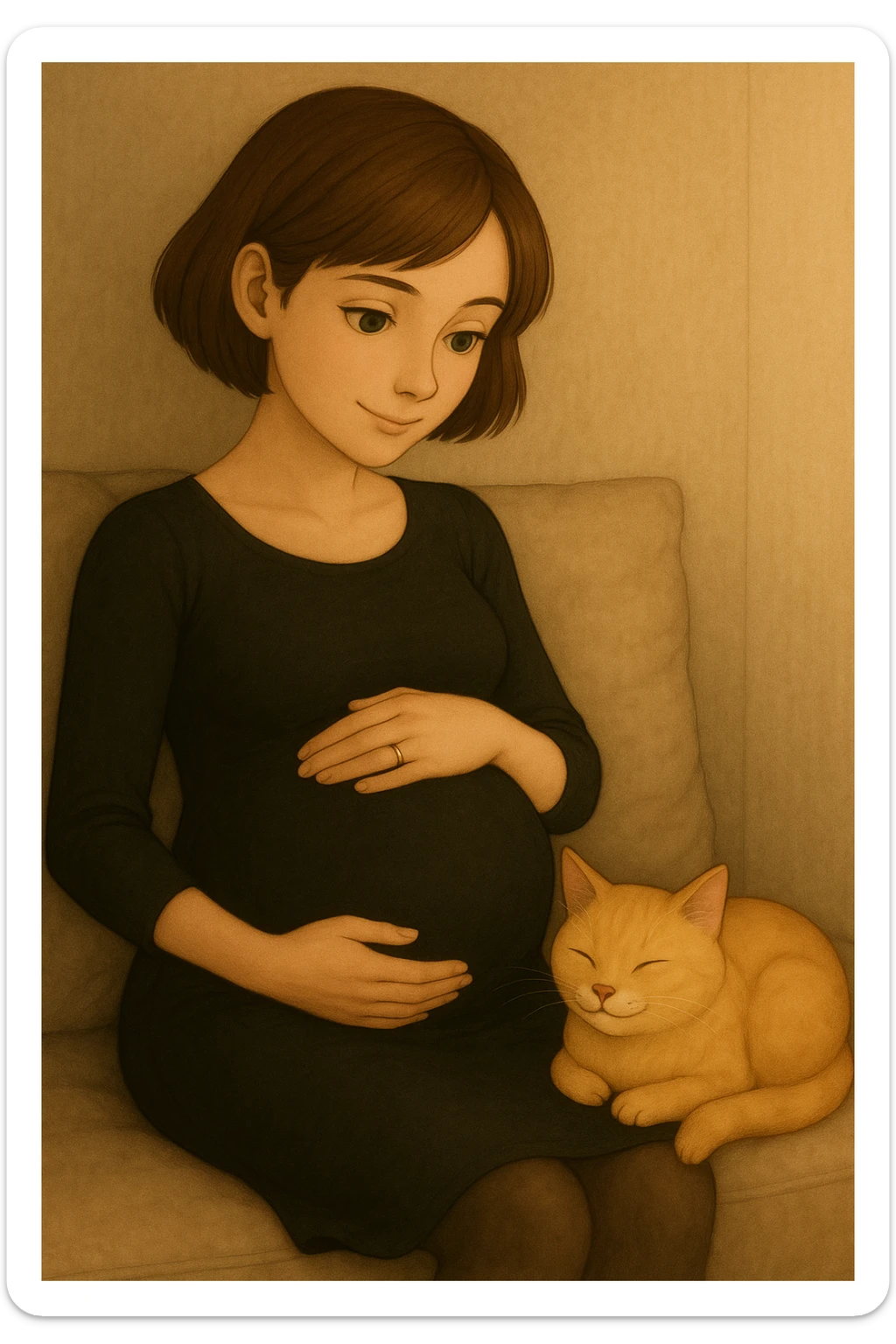 Make the girl's hair a little bit longer and put her in a black tight dress, keep her pregnant, with green eyes and a blonde cat. Maintain the original style and details of the image. sticker