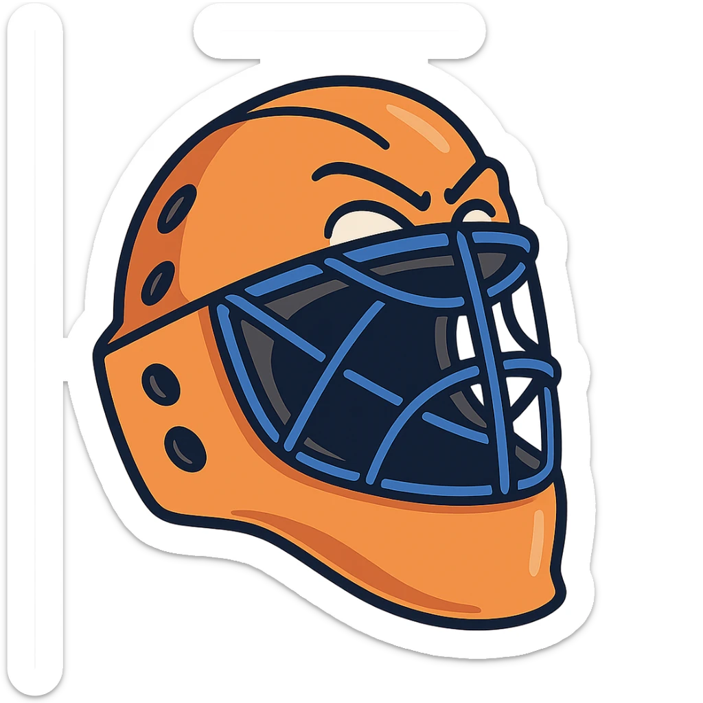 orange field hockey goalie helmet with royal blue cage and highlights, modern icon style, flat illustration style sticker