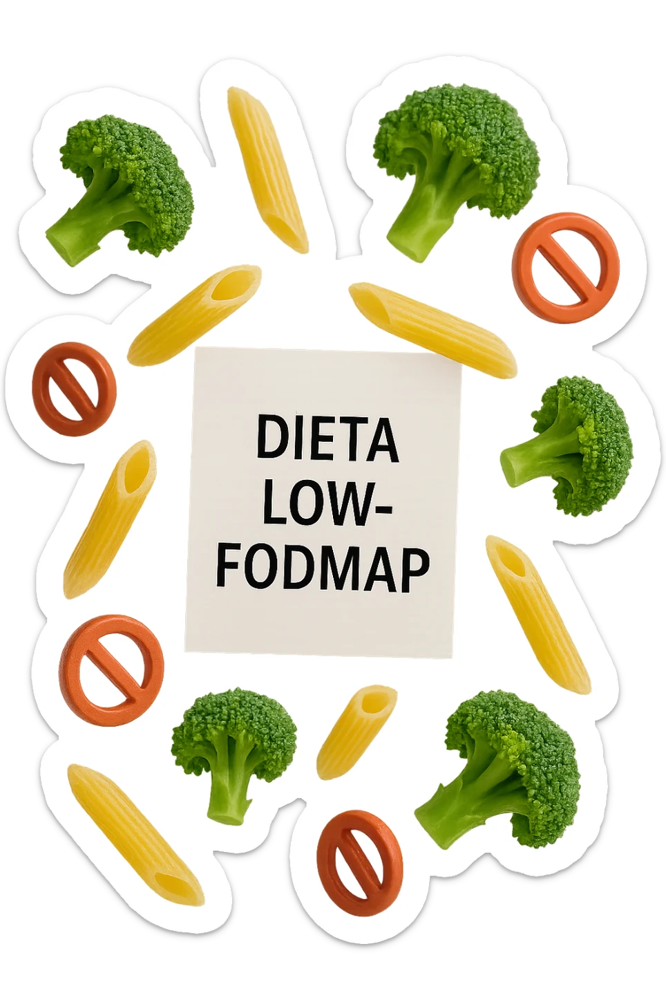 BROCCOLETTI E PENNE DI PASTA RIGATE FLUTTUANO IN ARIA insieme a piccoli divieti 3d, DAVANTI A LORO FLUTTUA UN FOGLIO CON LA SCRITTA "dieta low-fodmap" sticker