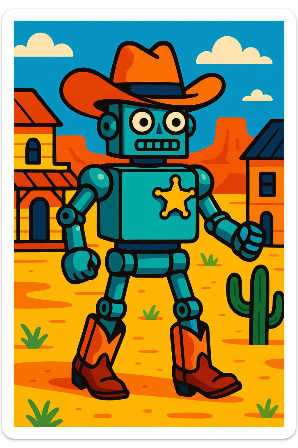 robot sheriff with metallic body, wearing a star badge and cowboy boots, in a western setting, vibrant colors sticker