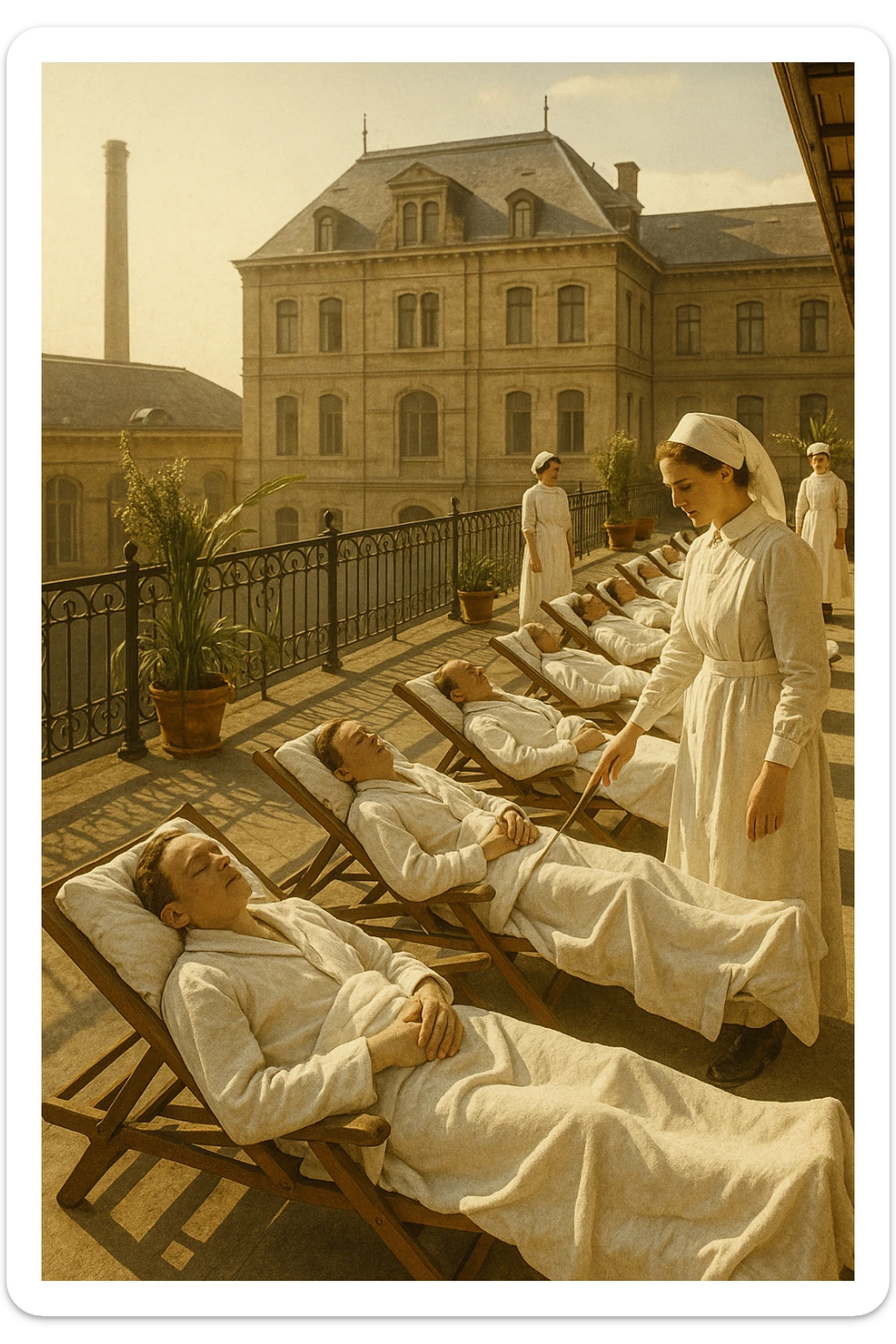 A realistic, historical cinematic illustration of a hospital rooftop solarium from the early 1900s, with patients in white robes and blankets lying on lounge chairs under the sun, receiving heliotherapy. Nurses in classic white uniforms and caps assist quietly, while the warm sunlight bathes the scene. The architecture is vintage, with iron railings, potted plants, and the backdrop of an old European hospital building. The atmosphere is calm and healing, showing patients with tuberculosis, rickets, and malnutrition benefiting from the sun’s rays to stimulate vitamin D production. The color palette is warm, with soft yellows and gentle sunlight, evoking a sense of hope and natural healing, reminiscent of historical black-and-white photographs with subtle colorization for realism sticker