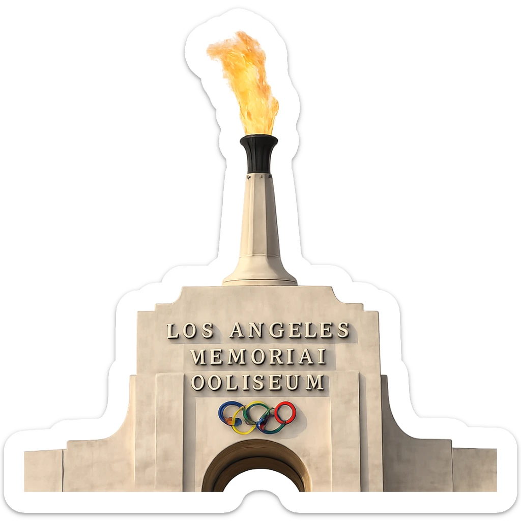 Add a realistic, bright flame coming out of the top of the Olympic Torch at the center of the Los Angeles Memorial Coliseum. The fire should be contained to the top of the torch. Keep everything else exactly as it is. Transparent background. sticker