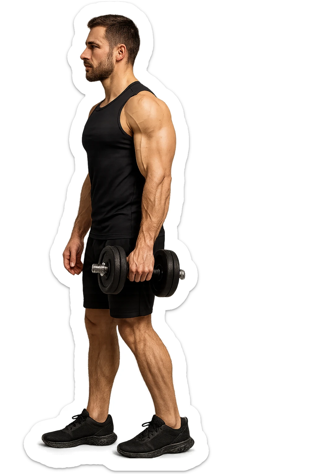 uomo fitness di profilo a figura intera con manubrio da palestra in mano, iperrealistico 4k sticker