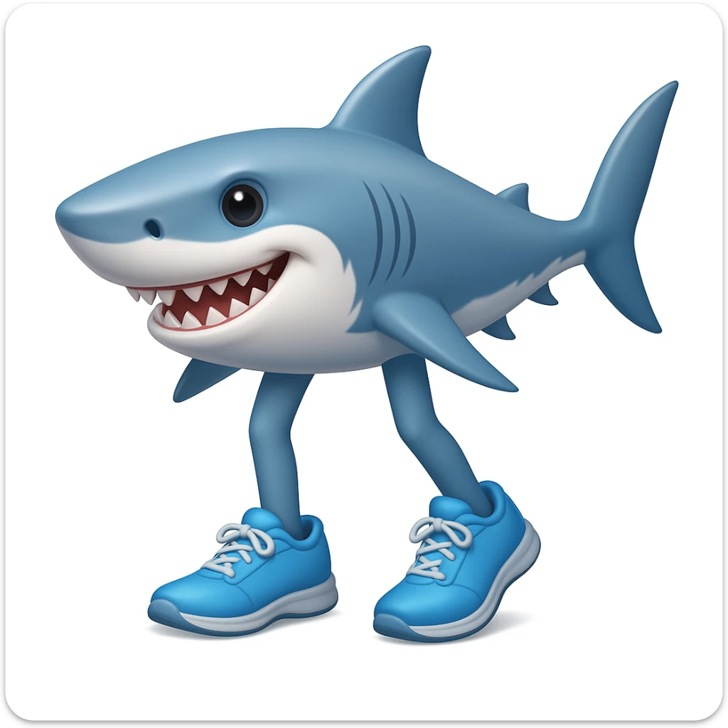 Add legs to the shark so it is actually wearing the blue shoes, keeping the style similar to emoji style (apple style emojis). sticker