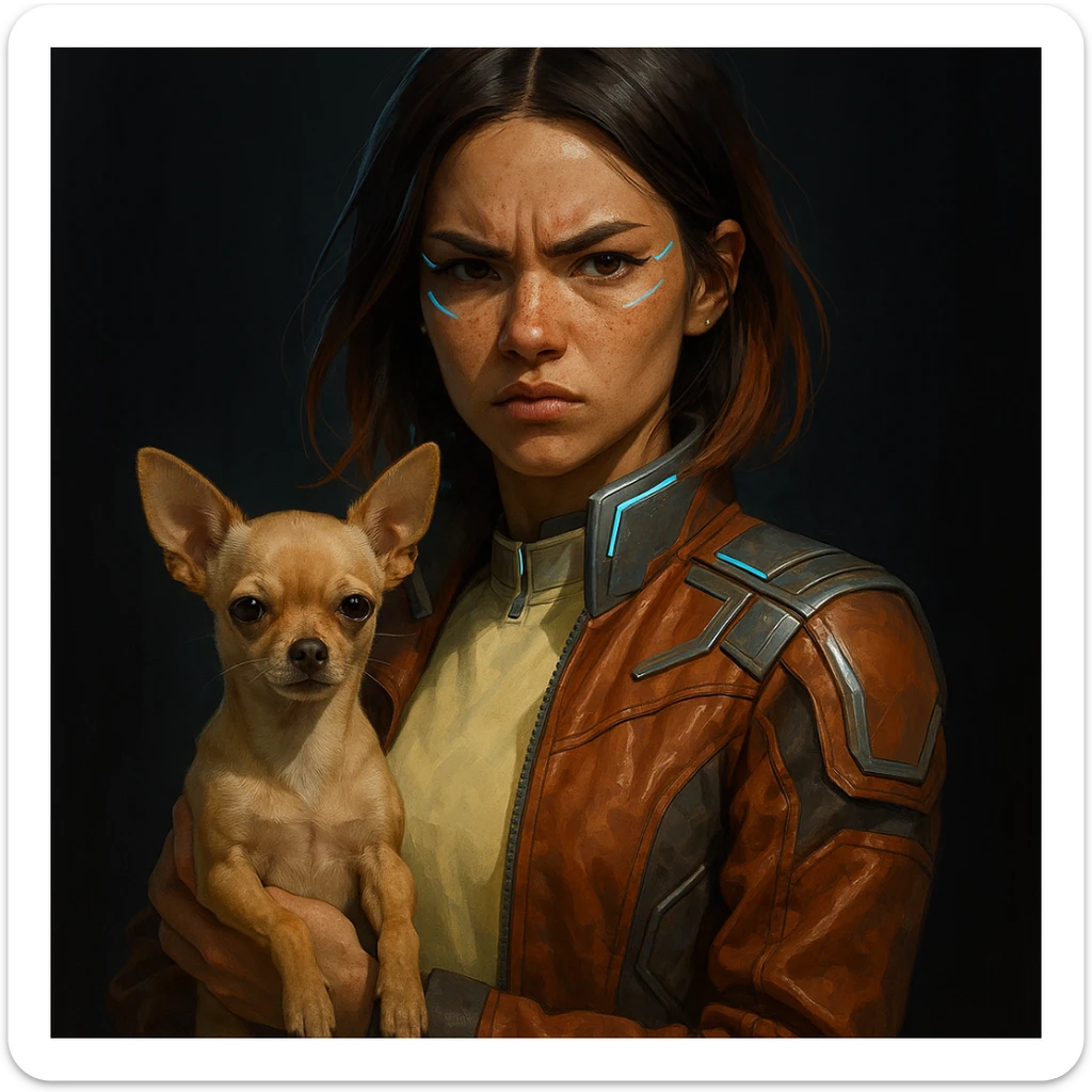 Futuristic style woman with tanned skin, freckles, rebellious expression, pale yellow shirt (#FFF8CA), rust jacket, mid-length brown hair with auburn highlights, holding a beige-brown chihuahua, dark background. sticker