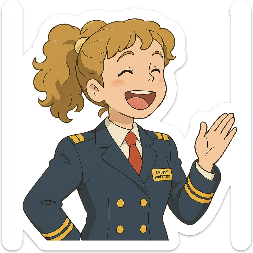 ghibli style girl cruise director with curly dirty blonde hair in a ponytail, very happy sticker