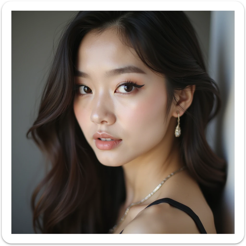 Jennie from Blackpink, close-up portrait, photorealistic, confident look, stylish makeup sticker