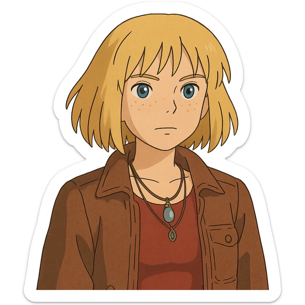 ghibli style illustration of a 14-year-old girl with choppy blonde hair, armpit length, shortest at mouth, middle part, light freckles, blue eyes, defined cupid's brow, tight dark red top, brown leather jacket, necklaces sticker