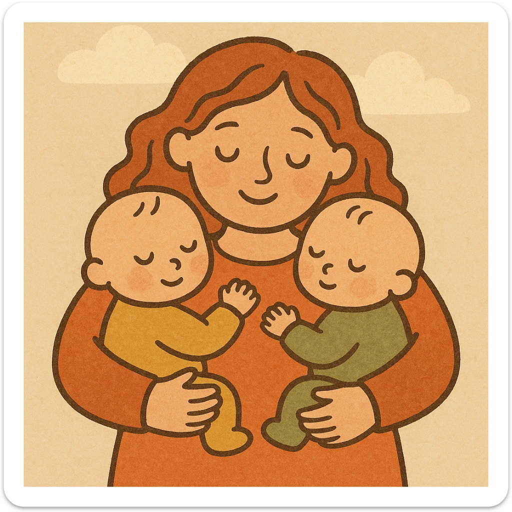 mother in a drawn style with soft lines and cartoonish but detailed faces, warm palette, hugging two babies, one on each arm, non-realistic style with soft shadows and highlights, atmosphere of care and tenderness sticker