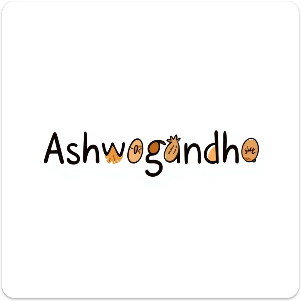 The word "Ashwagandha" hand-drawn in a warm earthy color palette with browns, oranges, and subtle greens. Simple doodle style with minimal decoration. sticker