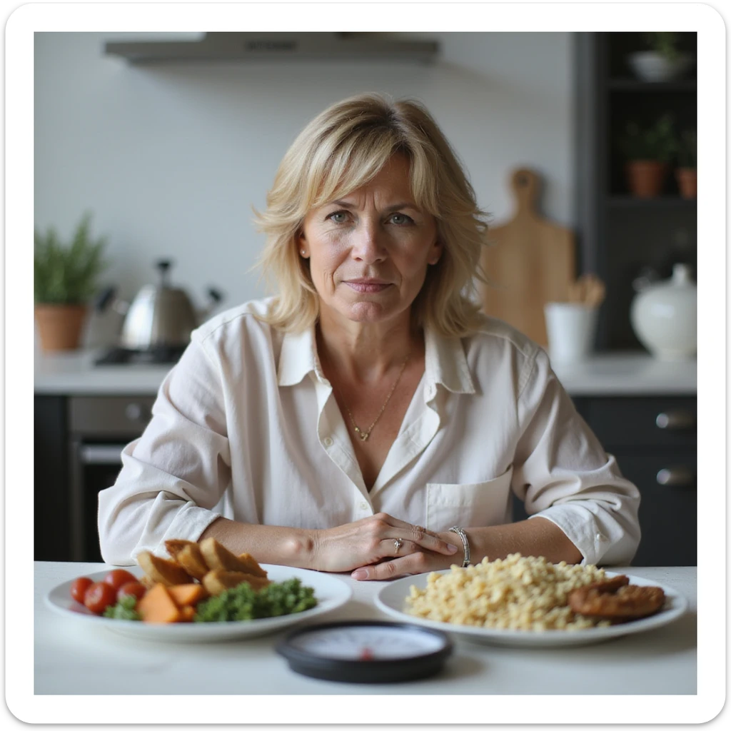 adult woman, photorealistic, yo-yo diet effects, alternating expressions of hope and disappointment, sitting at table with alternating plates of healthy food and junk food, scale showing weight fluctuations, natural light, kitchen background sticker