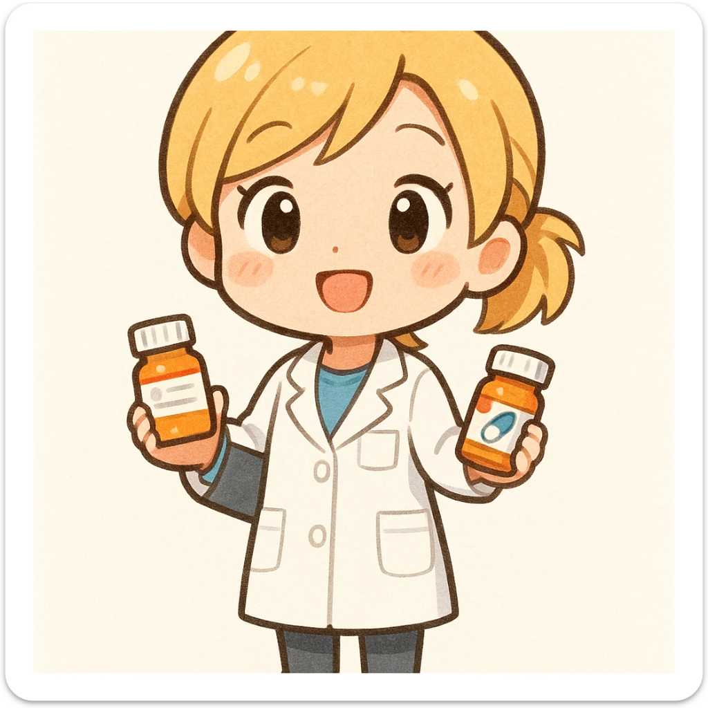 A chibi style young female pharmacist with blonde hair, wearing a white coat, holding a clipboard and a pill bottle, with a bright and friendly expression, full body, cute and colorful illustration. sticker