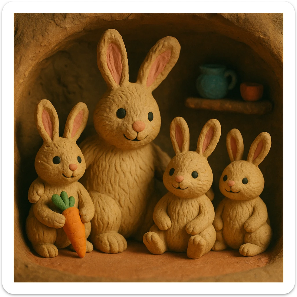 rabbit family in a burrow, cozy and cheerful, detailed fur, claymation style sticker