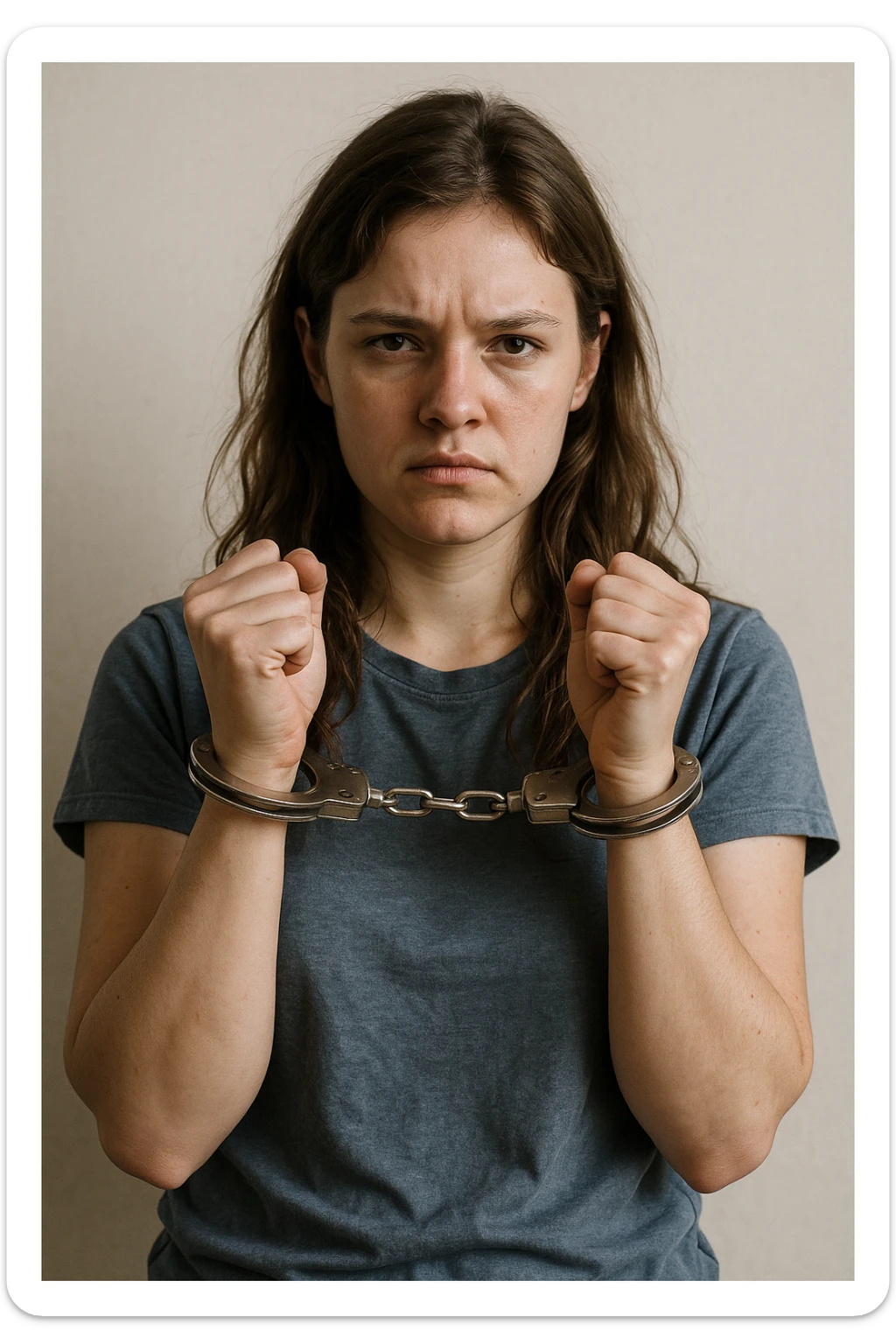 realistic illustration of a girl who is handcuffed, looking defiant, neutral background sticker