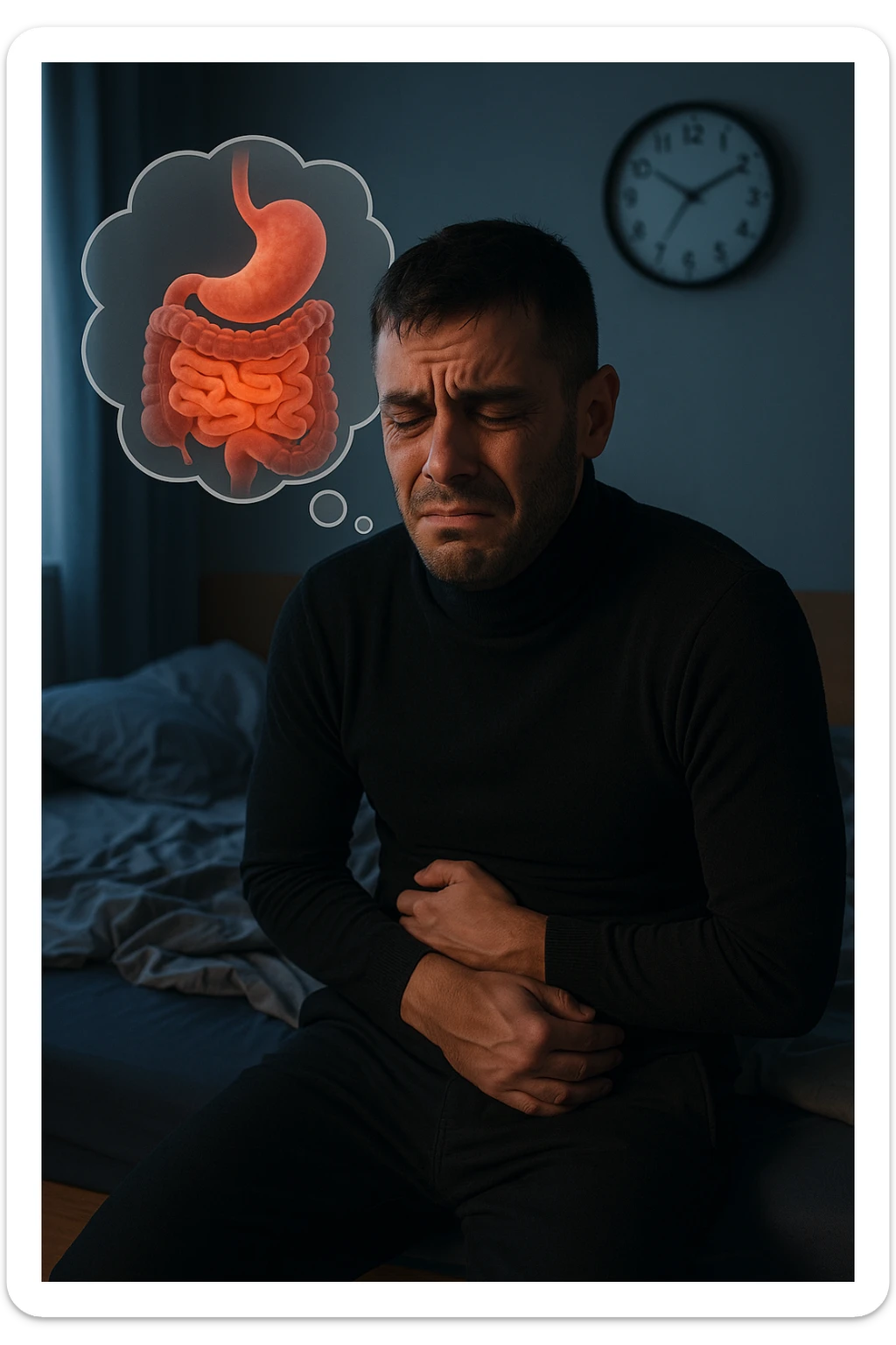 a tired-looking man sits on the edge of his bed at dawn, holding his stomach with a pained expression. Dark circles under his eyes and a messy bed indicate poor sleep. In the background, a clock shows early morning hours, and a thought bubble or overlay highlights digestive organs, emphasizing intestinal discomfort linked to sleep deprivation. sticker
