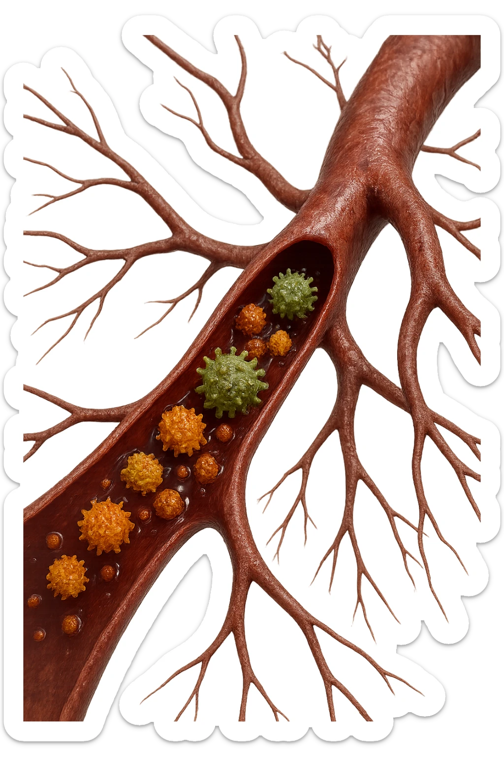tossine che entrano in una vena umana anatomica realistica, vista dall'alto, iperrealistica 4k sticker