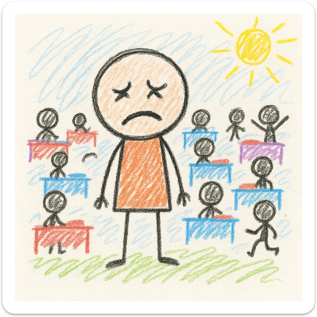 exhausted teacher in a bustling classroom sticker