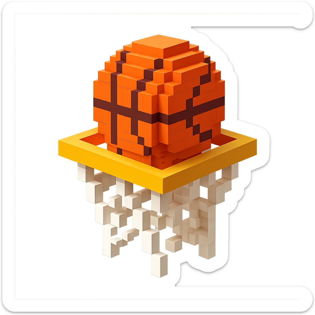 A voxel-style basketball in a net, monochromatic and sleek sticker