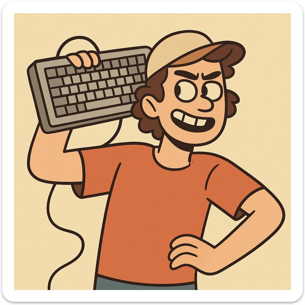 a person holding a keyboard up to their head like a boombox, cartoon style sticker
