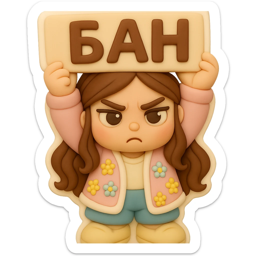 Create a 3D chibi fondant cake art style image of a girl based on the reference image. Preserve the facial features, eye shape, and hairstyle exactly as in the reference, with long brown hair styled in two space buns and brown eyes. She is wearing shoes matching the reference. The girl is holding a sign above her head with both hands, the sign says 'БАН' in bold letters. Her expression is judging and stern. Include a thick white outline like a sticker and ensure the background is transparent. sticker