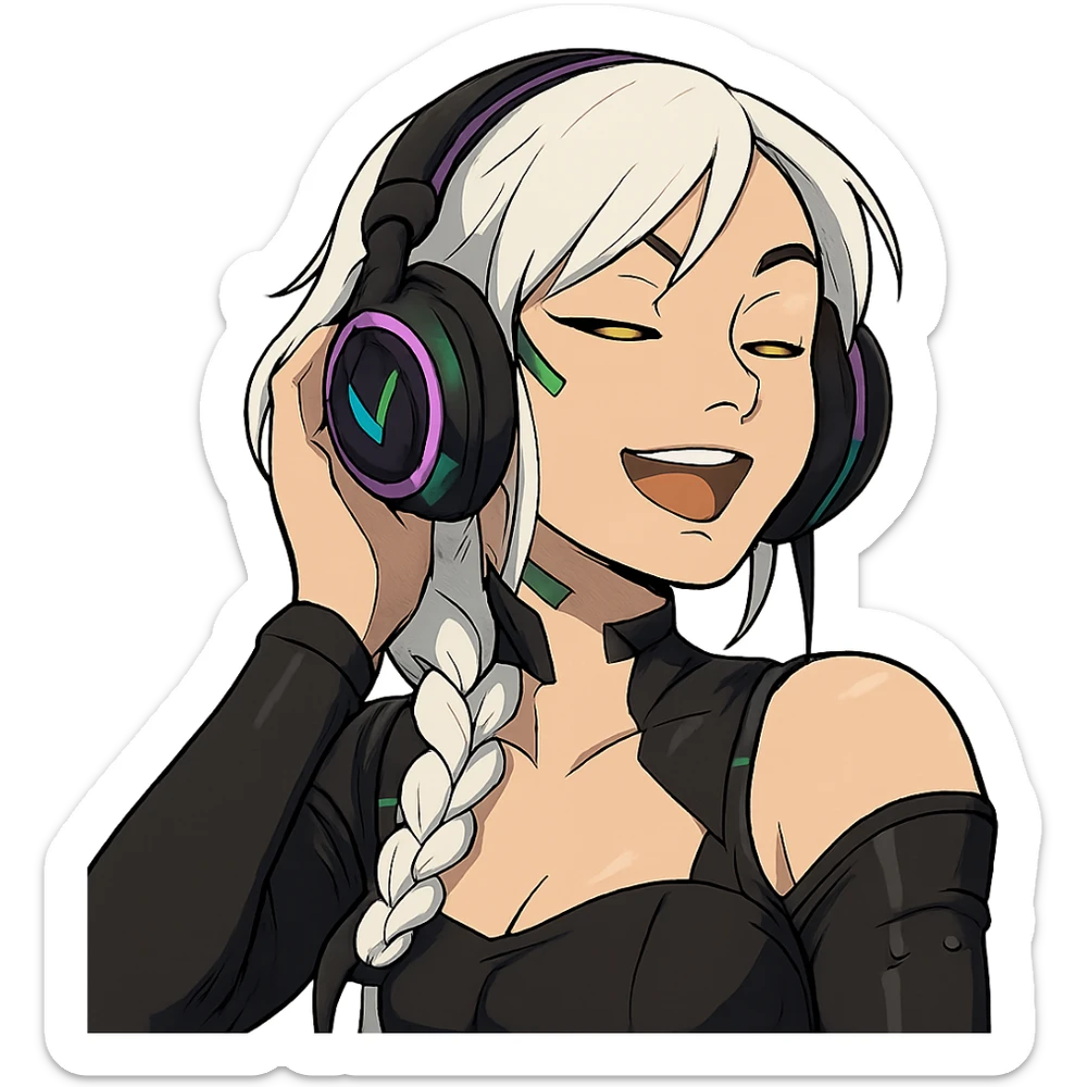 she is listening to music in headphones and JAMMIN!, a closeup portrait of young woman with gold yellow eyes, white hair, long braid, black off-shoulder top d-cup, punk gothic style, futuristic cyberwave cyberpunk,  sticker