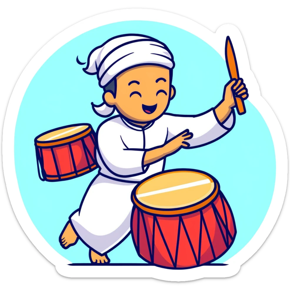 person beating a drum and chanting 'tung tung tung sahur' in a festive Ramadan night setting sticker