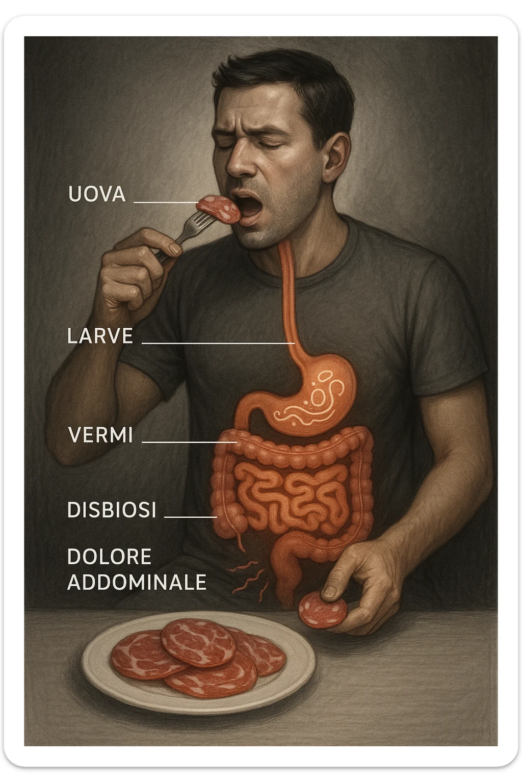 vertical realistic illustration of a man eating sliced cured meats, showing a visual progression of intestinal parasites and initial symptoms of dysbiosis, clinical atmosphere, dramatic lighting, Italian captions, aspect ratio 2:3 sticker