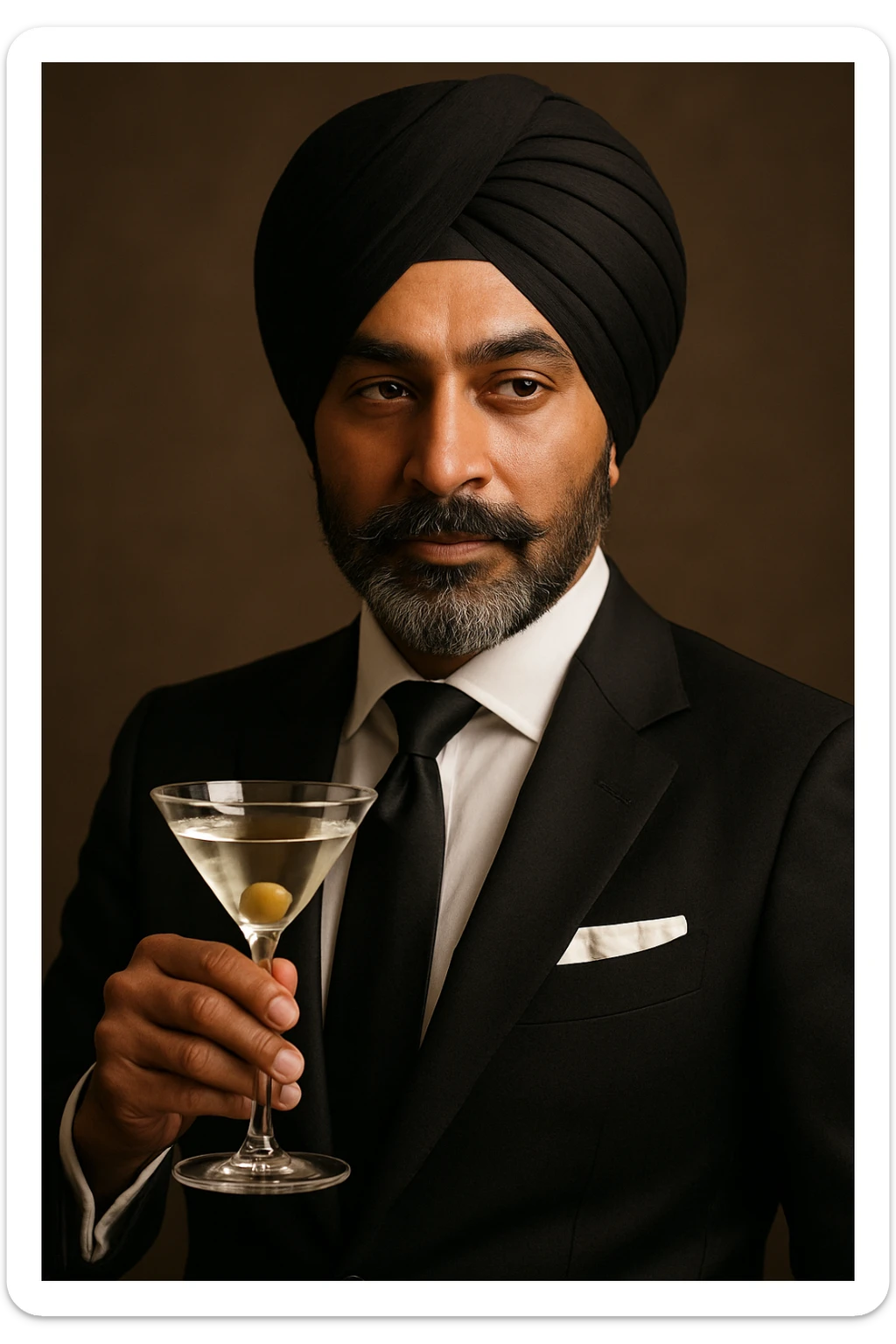 A man wearing a turban holding a glass of martini sticker