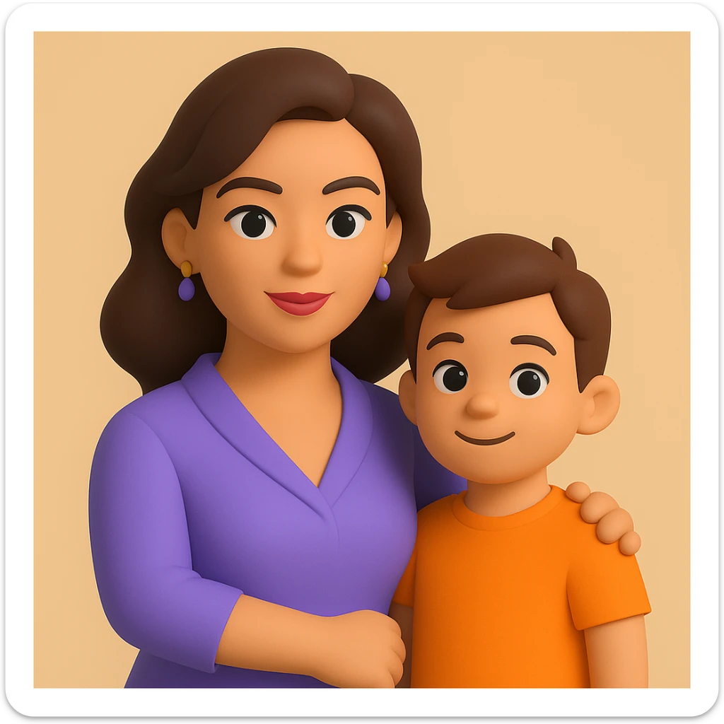 Create an image of a confident mom with a child by her side in the style of microsoft 3D fluent emojis. The style is 3D emoji, which does not support text editing, so use the general style editor to replicate the 3D emoji look. sticker