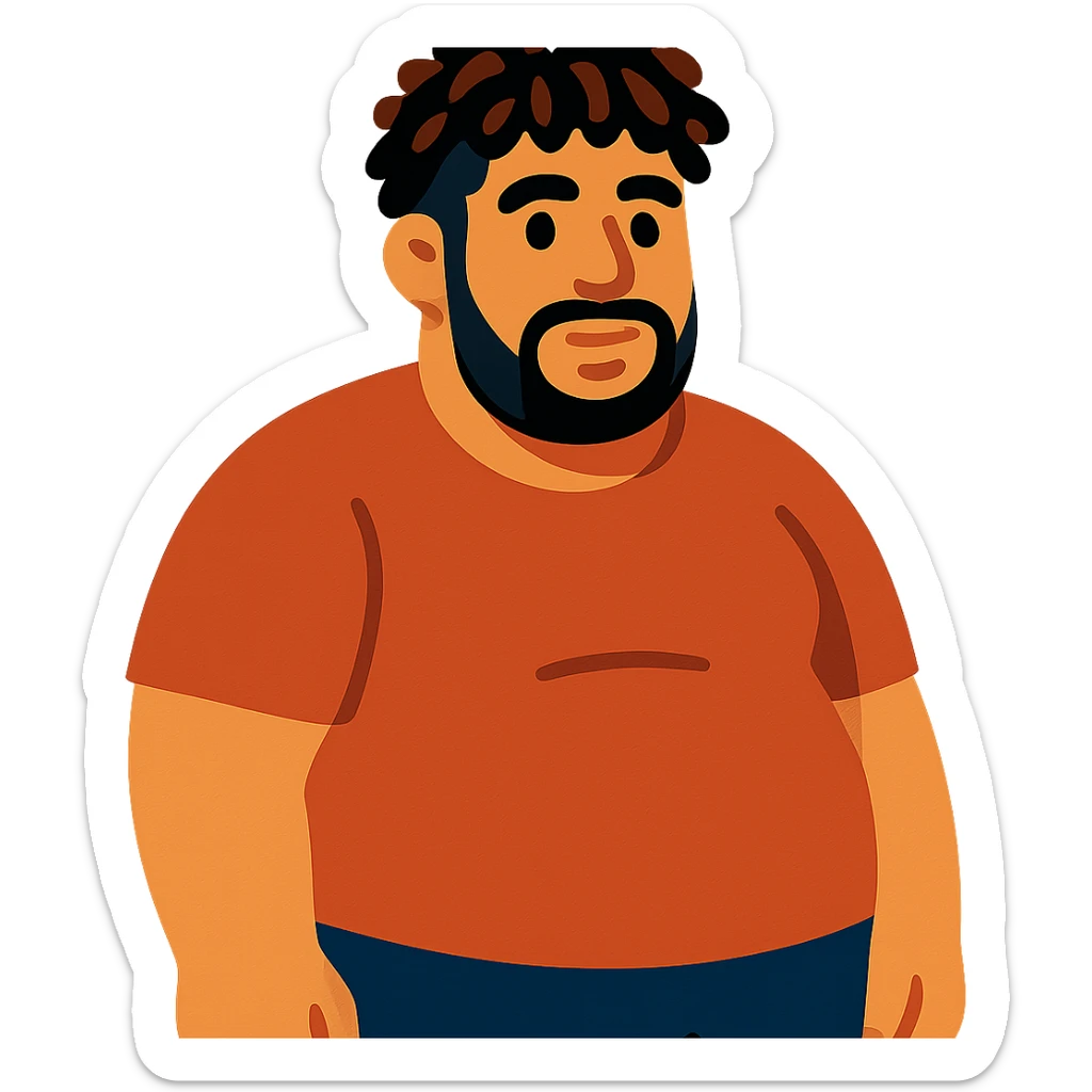 tan guy with mid-length brown and black curly hair like LaMelo Ball, beard, chubby build sticker