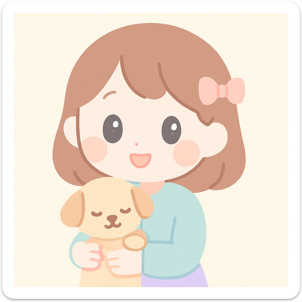 A pale girl with brown shoulder-length hair tied with a ribbon hairclip, holding a dog sticker