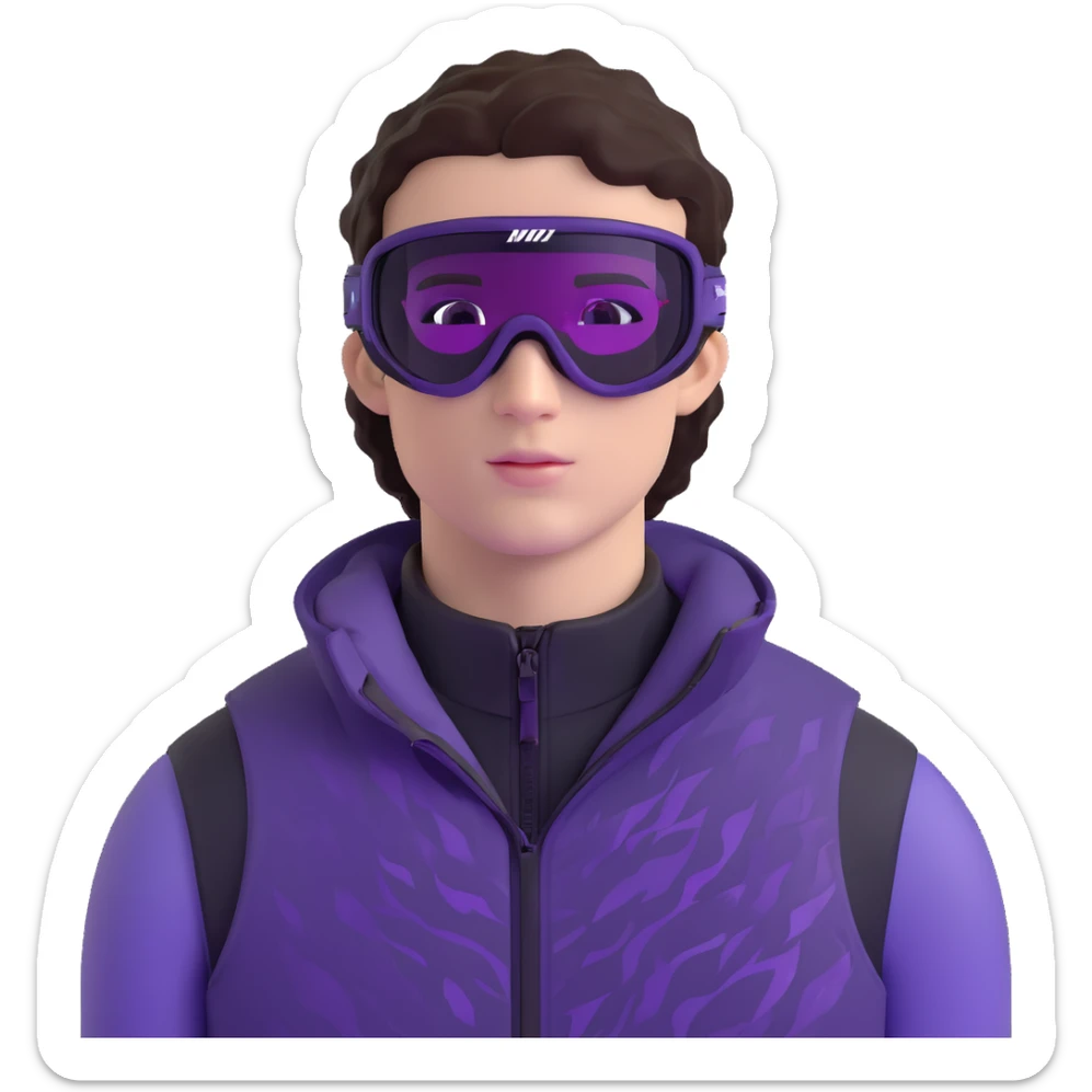 close-up of male athlete with white skin and moderately curly dark brown hair on top with shaved sides, wearing ski goggles with purple frames and very dark black lenses, a simple plain black chain necklace, and a completely unzipped sleeveless vest with purple and black sequin fire pattern design with no logo, frame centered on face and upper chest sticker