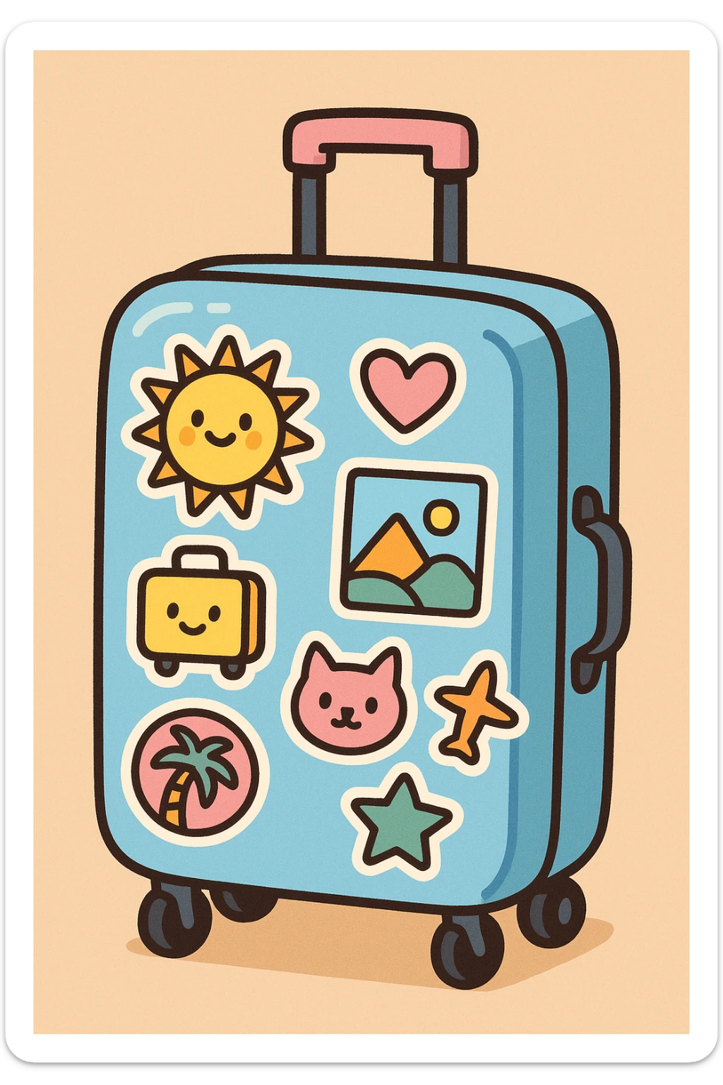 blue pastel suitcase on wheels, covered in colorful travel stickers, bold outlines, flat color fills, sharp shadows and highlights, white sticker border, hand-drawn cartoon style sticker