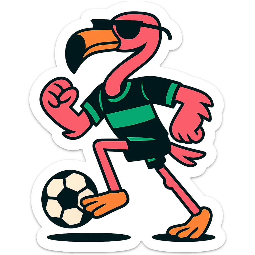 flamingo soccer player in sunglasses and a black and green jersey sticker