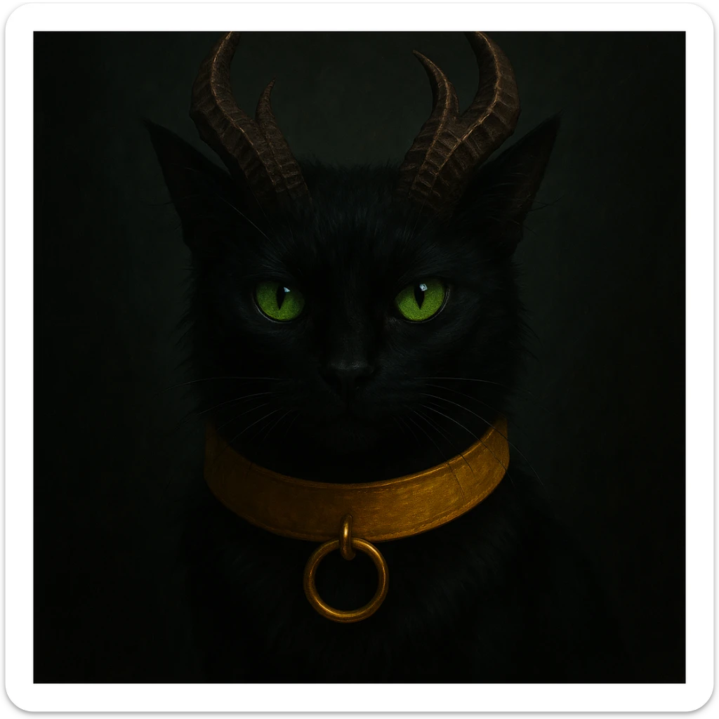 Add a yellow collar to the black cat with green eyes and demon horns, maintaining the visually striking style of the original image. sticker