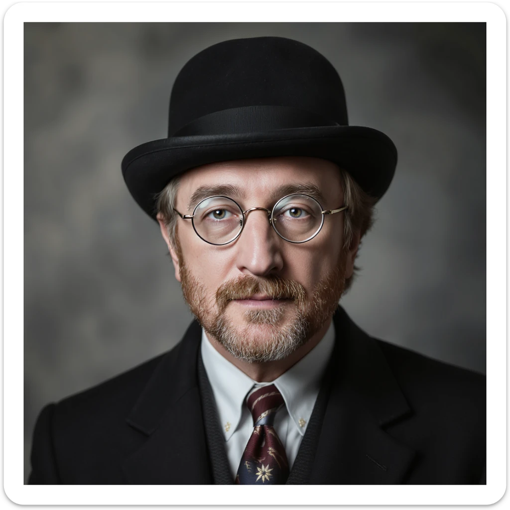 highly realistic portrait of John Lennon wearing a bowler hat, photorealistic, detailed, soft lighting sticker