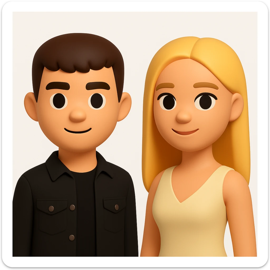 In the style of 3D Emoji, slightly increase the volume of the upper body of the girl, separate the girl and the boy from each other, and make the skin color the same for both characters. The style should reflect the Microsoft style 3D fluent emojis with concise and clear features. sticker