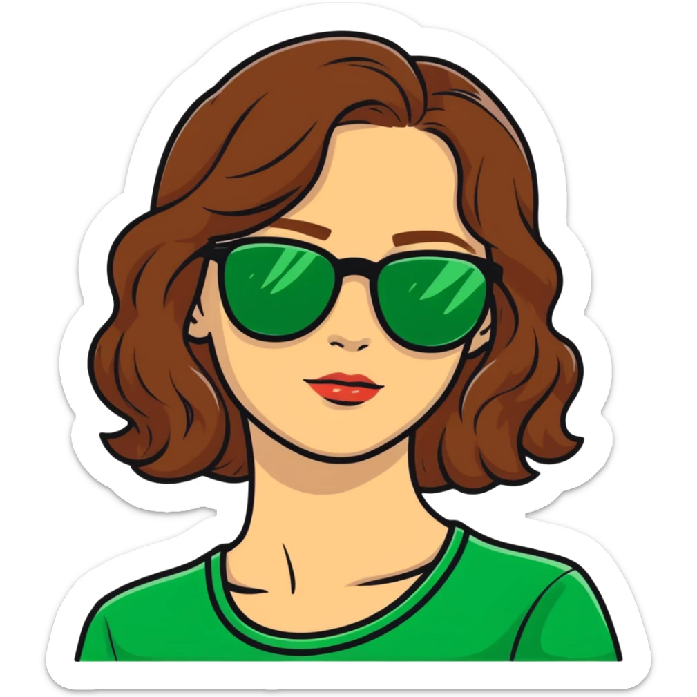 woman with pale skin, brown wavy hair, green eyes, gold glasses sticker