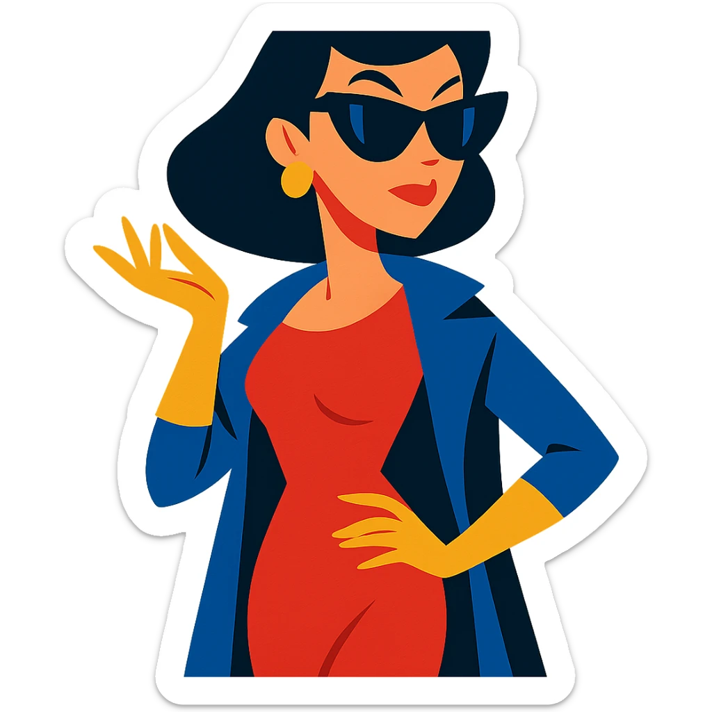 a glamorous woman with black shades, sophisticated look, stylish pose, vibrant toon style sticker