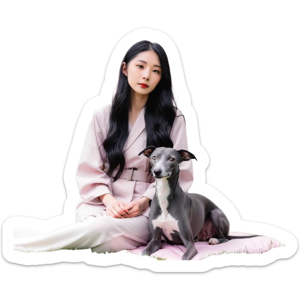 A very beautiful and attractive 25-year-old Chinese woman with long flowing black hair and a pure solid dark grey Italian Greyhound with ABSOLUTELY NO white markings anywhere on its body sitting under a cherry blossom tree. The dog must be completely solid dark grey with no white on chest, no white on muzzle, no white on paws - entirely one solid dark grey color. sticker