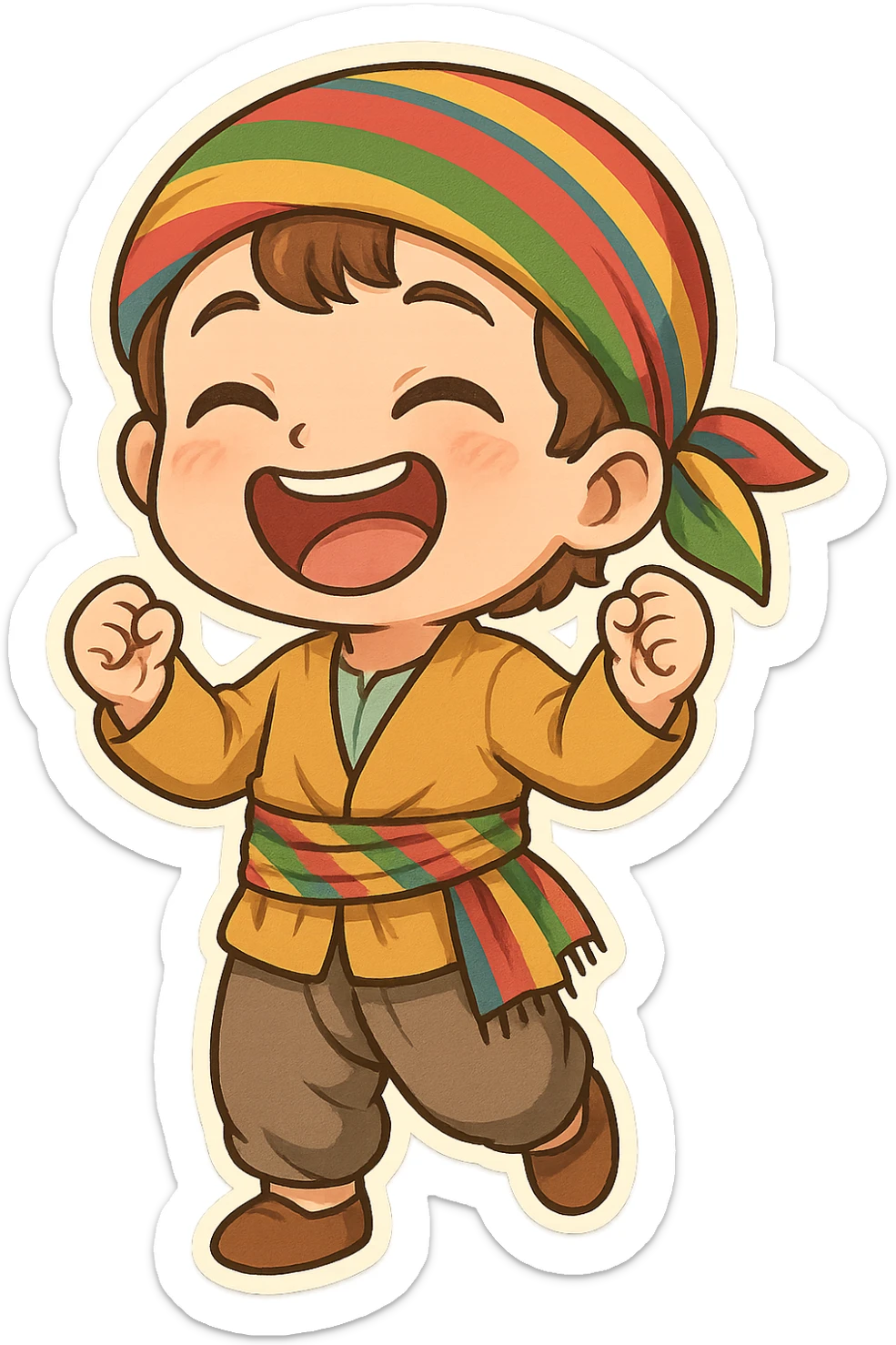 Cartoon sticker of a Kurdish child in traditional Kurdish child clothing, colorful and cheerful, face with loud laughter and big smile, no text, suitable for WhatsApp and Instagram, transparent background. sticker