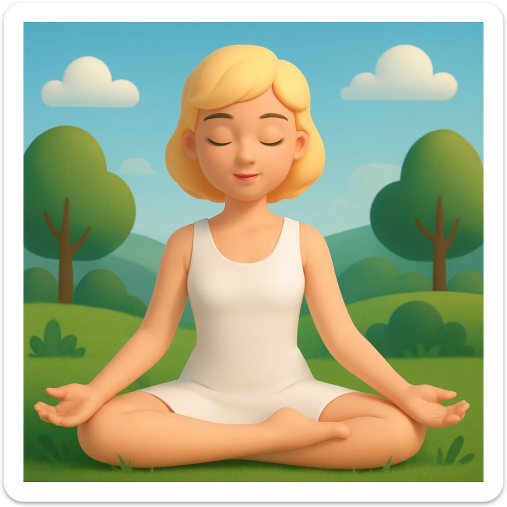 a blonde girl with a short haircut in a white dress sitting in a lotus position and meditating with a background, 3d-emoji style sticker