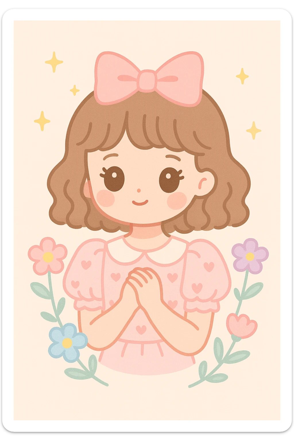 a girl in coquette style surrounded by delicate flowers, wearing a puff-sleeve blouse, subtle heart motifs, soft curls, sweet innocent look sticker