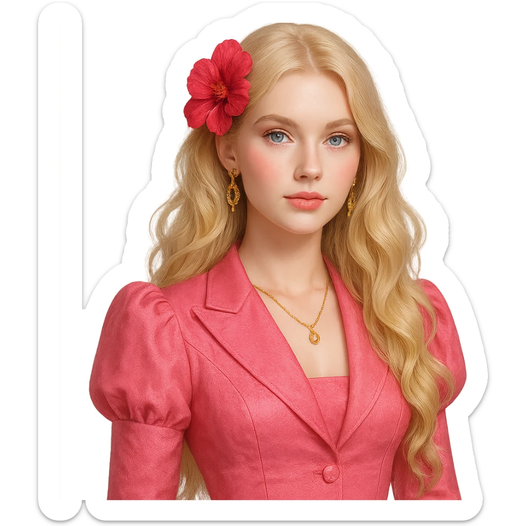 a girl with long wavy light golden platinum blonde hair, light blue eyes, pale peachy-pink skin, wearing a fancy pink outfit, a hot reddish-pink flower hair clip, and light gold jewelry sticker