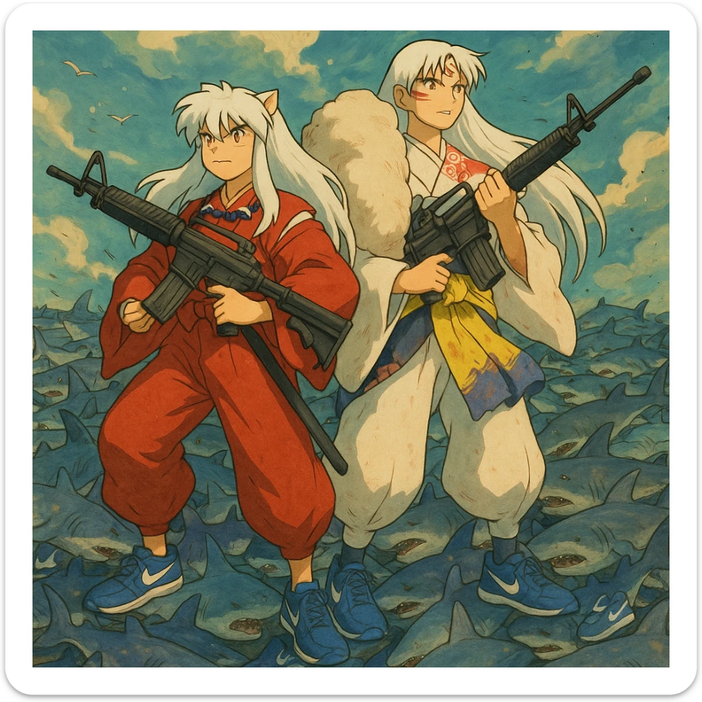 Inuyasha and sesshomaru take m16a4 vs 1 million shark They wear shoes blue Nike and all sharks They wear shoes Nike die sticker