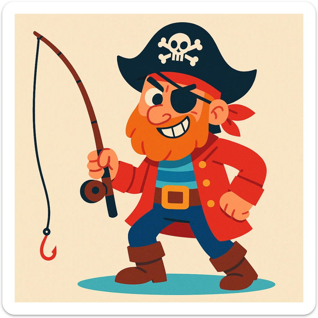 mischievous pirate with a fishing rod, cartoon style, vibrant colors, playful expression sticker