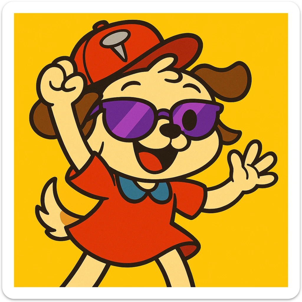 Add a vibrant, colorful background behind the puppy girl holding up a nail hat and wearing half purple sunglasses. Keep the fun, expressive cartoon style. sticker
